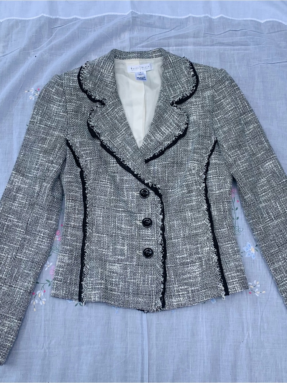 White House Black Market Black and White Tweed Fringe-Trim Blazer